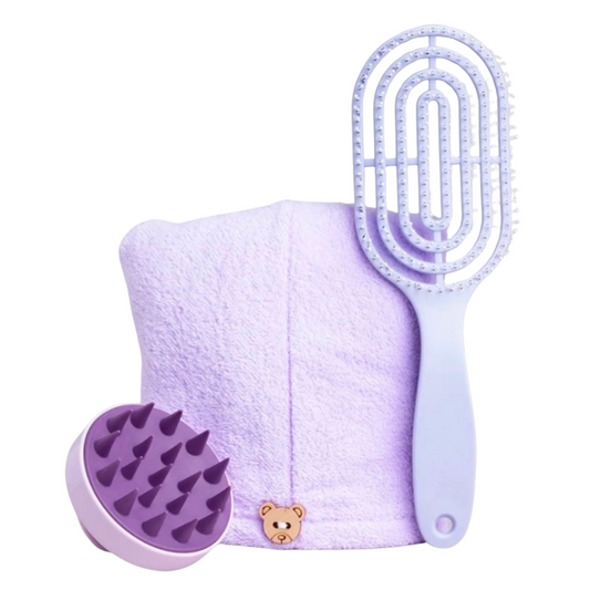 KIT PARA CABELLO CEPILLO + MASAJEADOR + TOALLA LULA